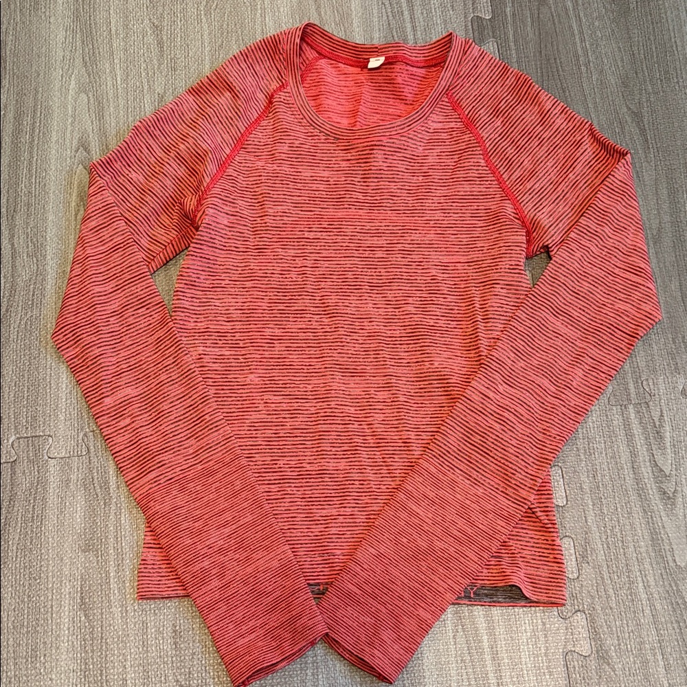 Women's Red Striped Crop Length Lululemon Swiftly Running Top
